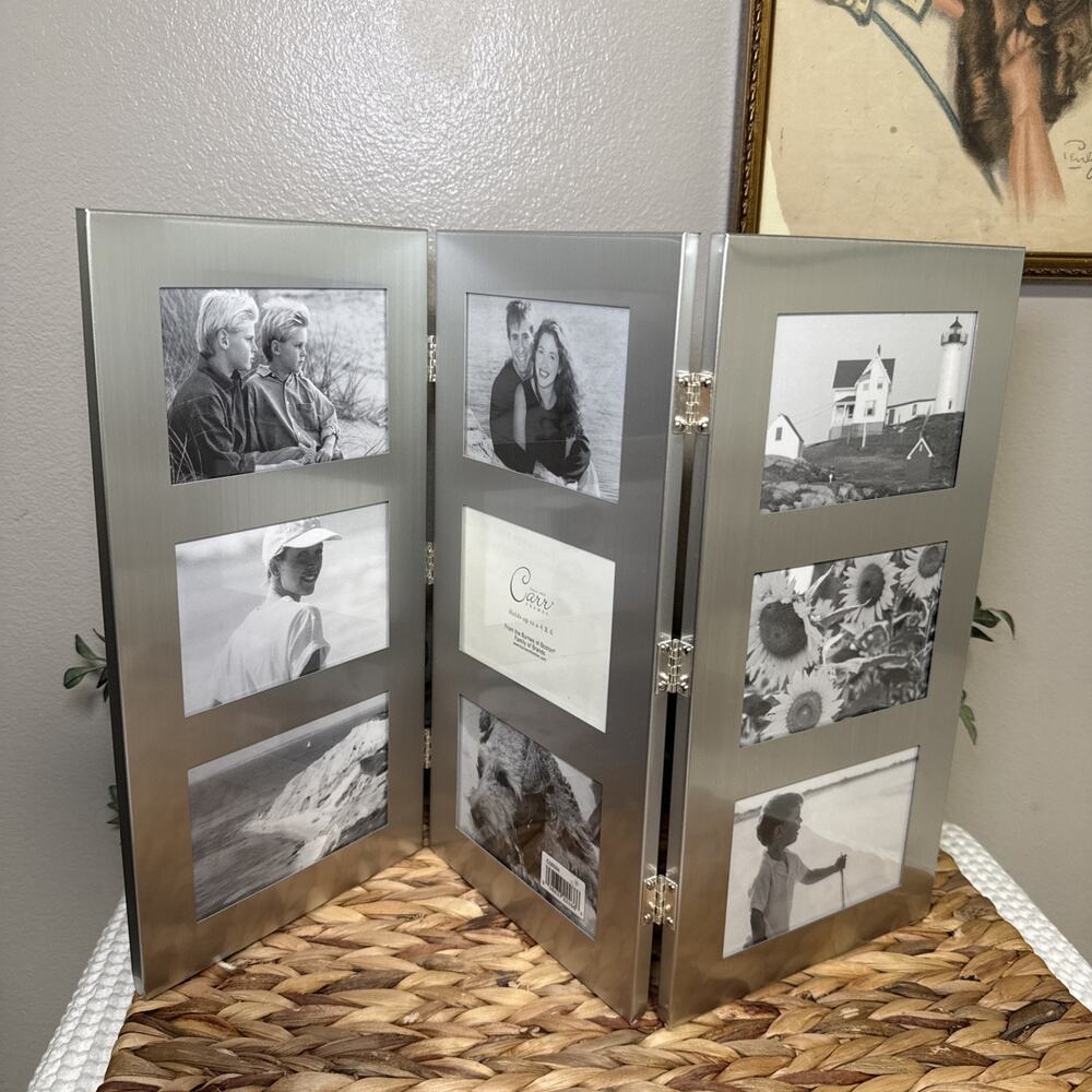 Carr Frames 9 Photo Collage Folding Screen Frame Silver Nine 4x6 Photos Vtg NOS